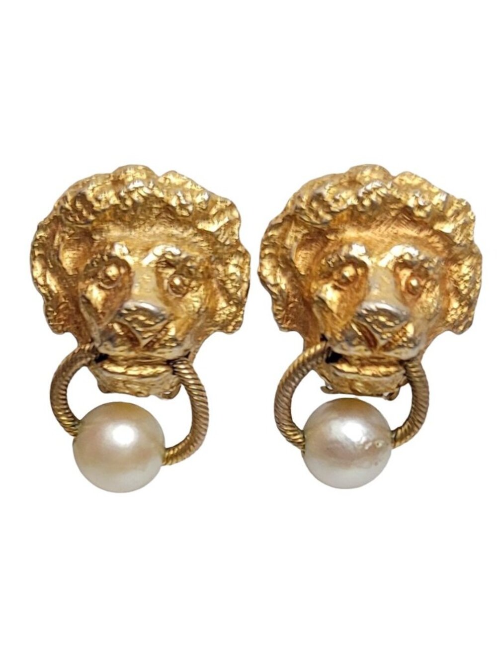 Hattie Carnegie Vintage Gold-Tone Lion Door Knocker Genuine Pearl Clip Earrings